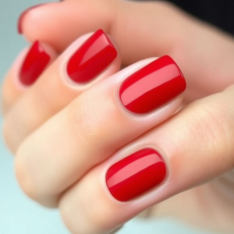 Fresh Polish Change on natural nails with glossy red finish at Gateway Nail Spa